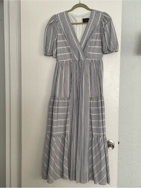 Just...Taylor Blue and White Striped V-Neck Tiered Maxi Dress